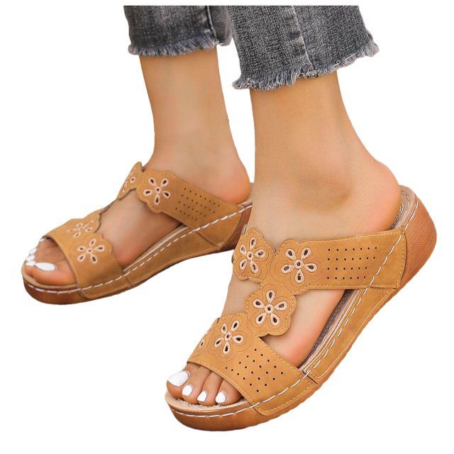 IUJSOY Womens Wedge Orthotic Sandals Arch Support Bohemia Hollow Out Slides Summer Slippers