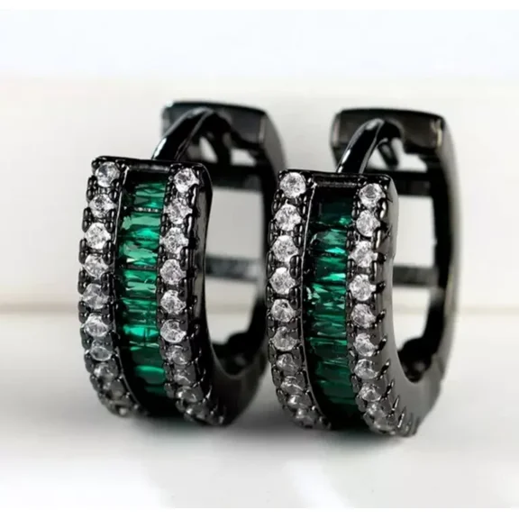 Iced Out Black Rhodium Plated Paved Green Cubic Zirconia Men Women Hoop Earrings