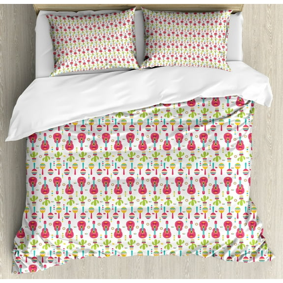 Cactus Print Duvet Cover Set King Size, Illustration of Celebrating Scene Cinco de Mayo Festival in Mexico, Decorative 3 Piece Bedding Set with 2 Pillow Shams, White and Multicolor, by Ambesonne