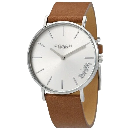 Coach Perry 14503120 Silver Dial Brown Leather Strap 36MM Silver Womens Watch
