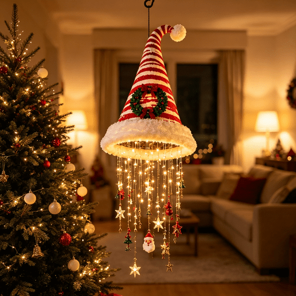 Lighted Santa Hat Hanging Chandelier, Festive Santa‑Hat Design Lighted Decor, Wonderful for Porch Hangings and Christmas Party Atmosphere