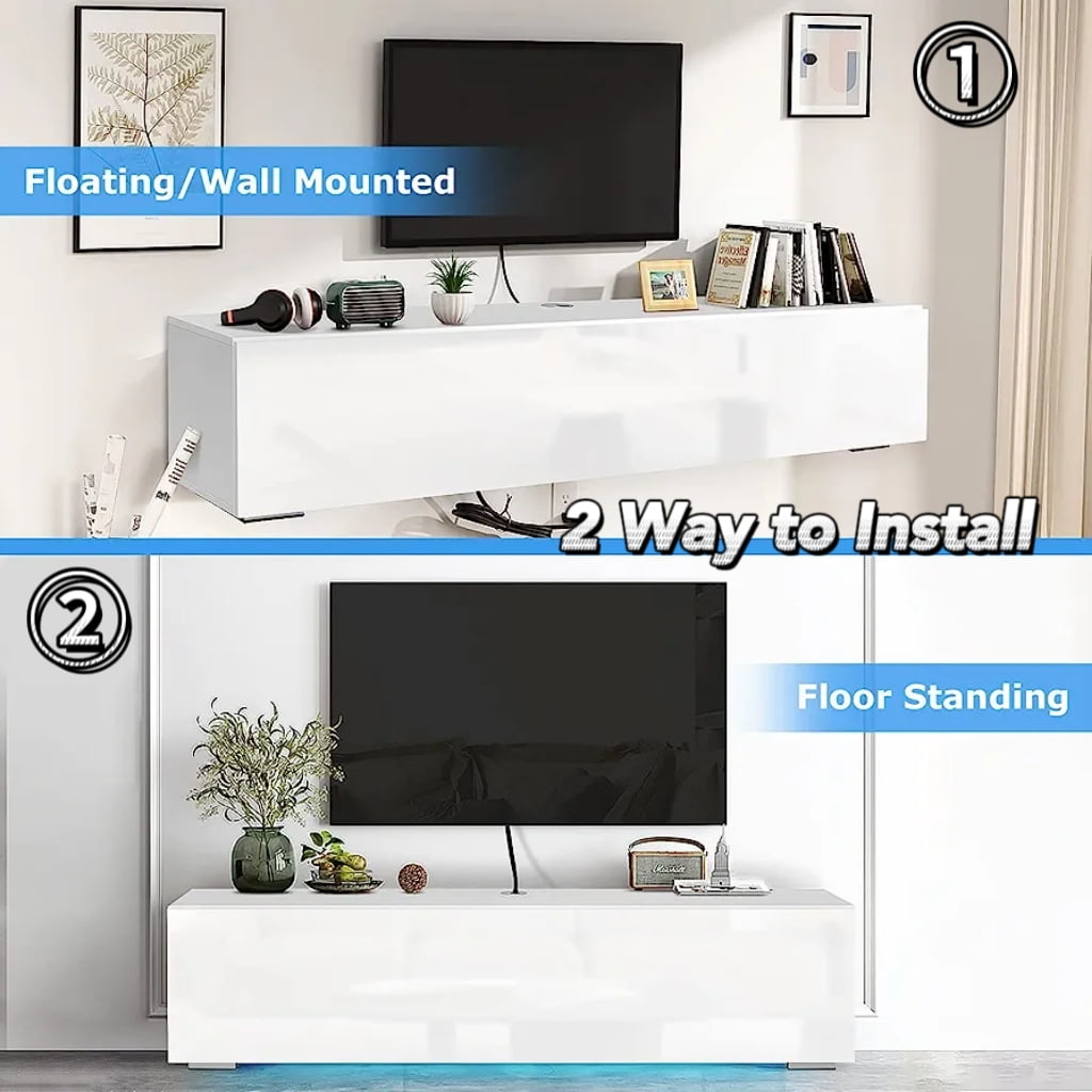 Hommpa Wall Mounted Floating TV Stand with LED Lights Modern Entertainment Center for TVs for up to 65" Media Console TV Unit with Storage Cabinets White High Gloss for Living Room Bedroom