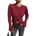 thumbnail image 1 of Suéter de Cuello Redondo Acanalado para Mujer, Camisa de Punto Acampanada de Larga con Botones y Abertura Frontal, Conjunto de Otoño Vino Tinto S, 1 of 7