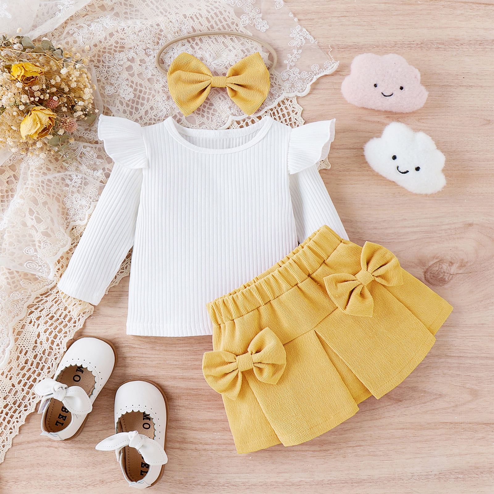 IWEMEK Toddler Girl's Outfit Crew Neck Solid White T-Shirts Casual Chic Bow Knot Yellow Short Skirts Spring Clothing 1-2Y