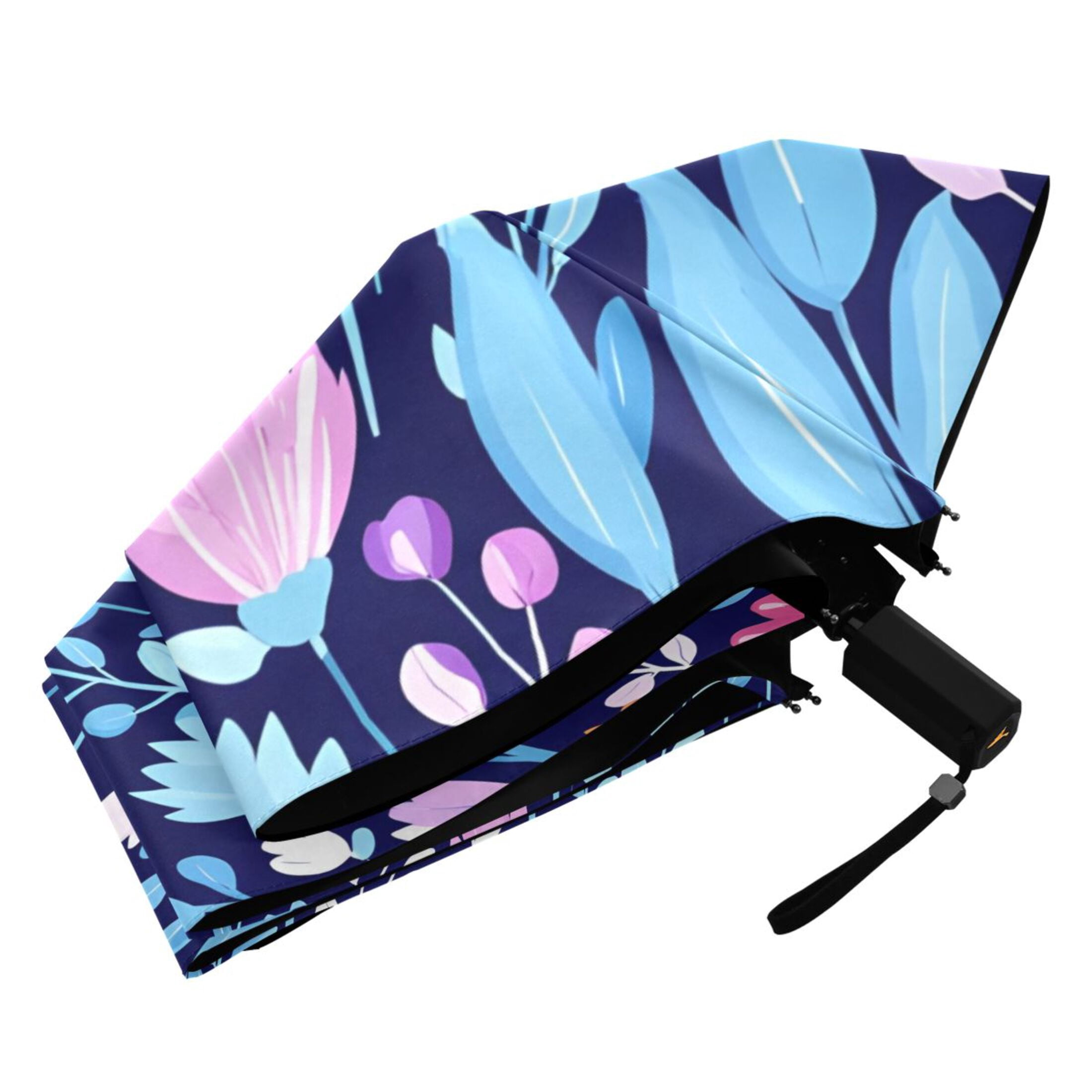 Pink Tulip with Blue Leaves Compact Sun Umbrella Windproof Travel Umbrellas for Rain Strong Portable UV Protection