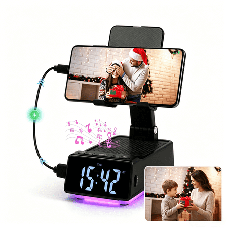 JDMEOPD Cell Phone Stand with Wireless Bluetooth Speaker & Alarm Clock - 5 in 1 Phone Holder with Speaker Digital Clock Charger Light, Birthday Gifts for Men Women, Gifts for Him Her Dad Mom Husband