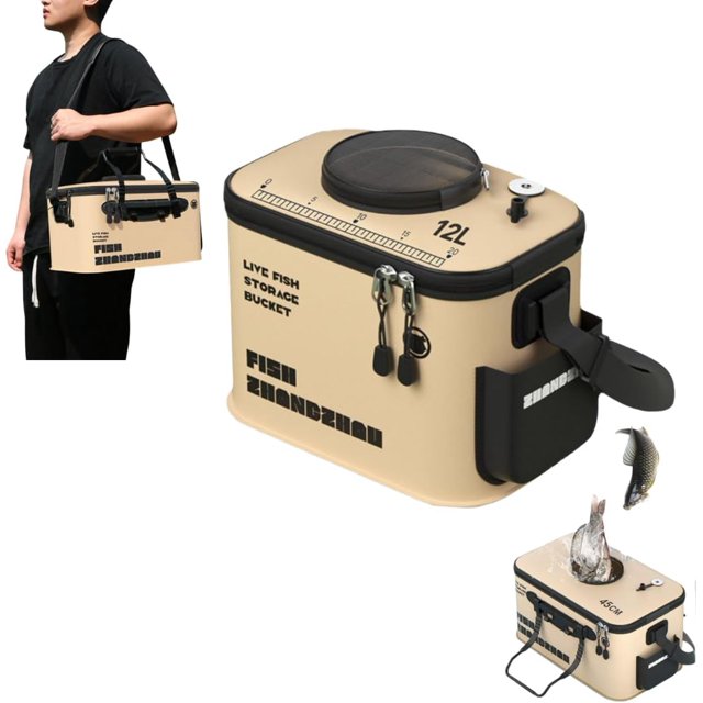 Live Fish Lures Bucket, Collapsible Fishing Buckets, Live Bait Container and Portable Bucket with Inflatable Hole, Portable Container Fish Boxes for Outdoor Hiking Camping Traveling (Brow_12L)