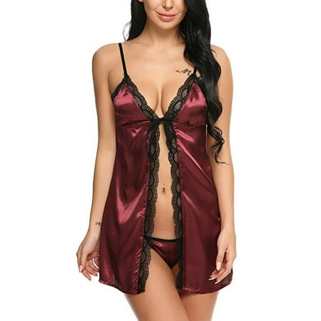 

Ykohkofe Women Bow Silk Satin Lingerie Hollow Backless Nightdress Sleepwear Pajamas S-3XL