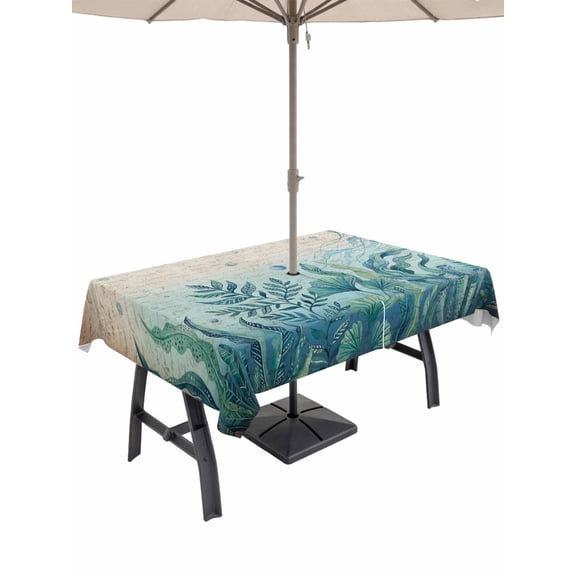 Outdoor Tablecloth with Umbrella Hole for Patio/Picnic/Party/Camping, Turquoise Jellyfish Coastal Waterproof Table Cloth Rectangle Table Cover Washable, Summer Ocean Seaweed Vintage (60"x 84")