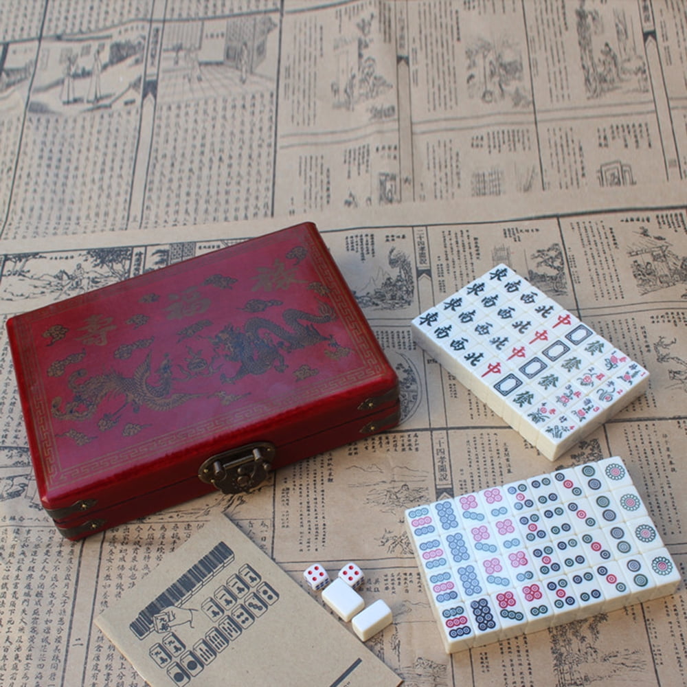 Mini Mahjong Set with Wooden Storage Case Portable Mah Jong Game Set