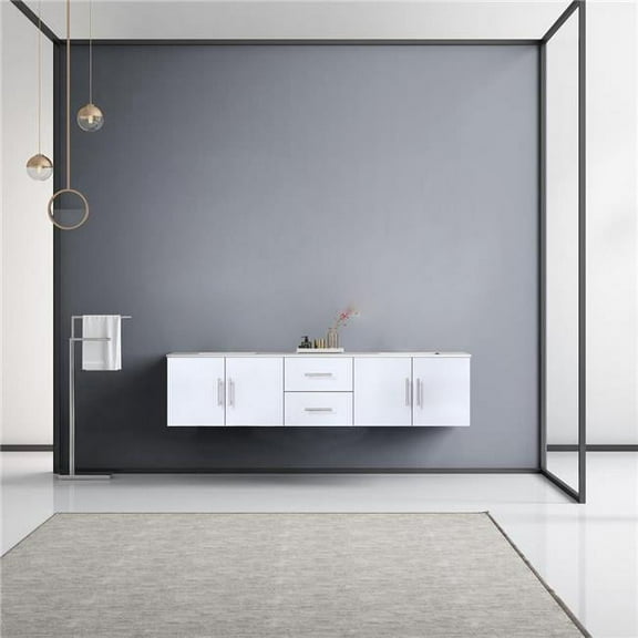 Lexora  80 in. Geneva Double Vanity, White Carrara Marble Top, White Square Sinks & No Mirror, Glossy White
