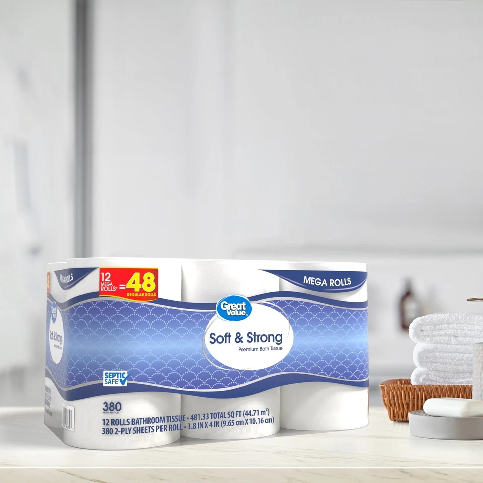 Soft & Strong Premium Toilet Paper 12 Mega Rolls 380 2-Ply Sheet Per Roll