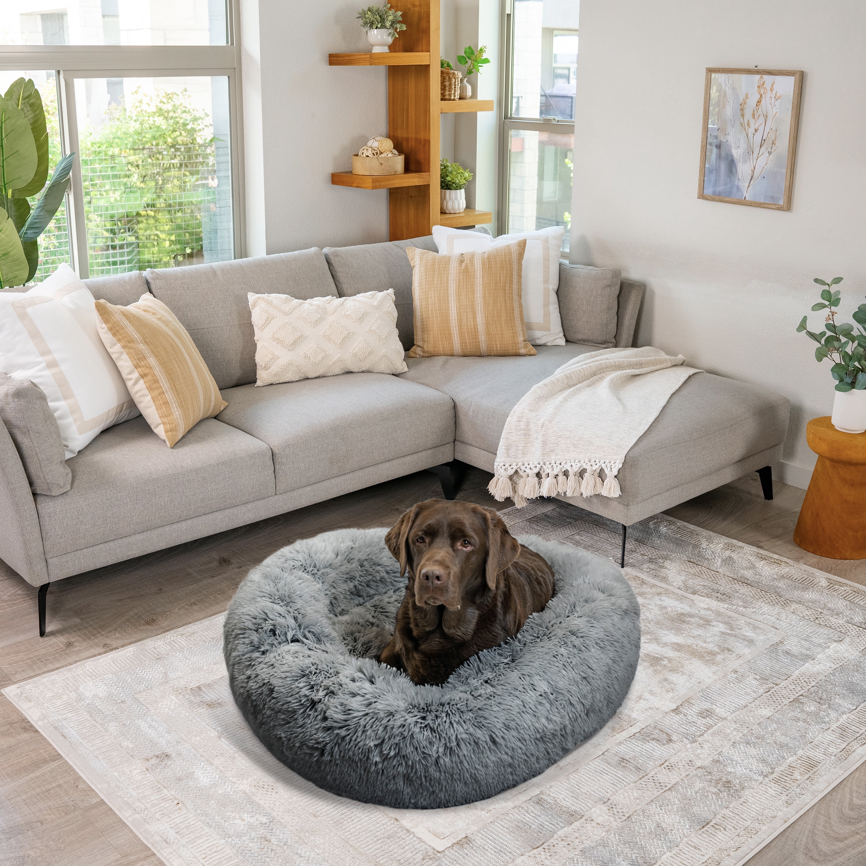 Best Friends by Sheri The Original Calming Donut Dog Bed – Washable Plush Pet Bed for Large Breeds up to 100 lbs, Shag Faux Fur, Gray, Large (36" x 36")