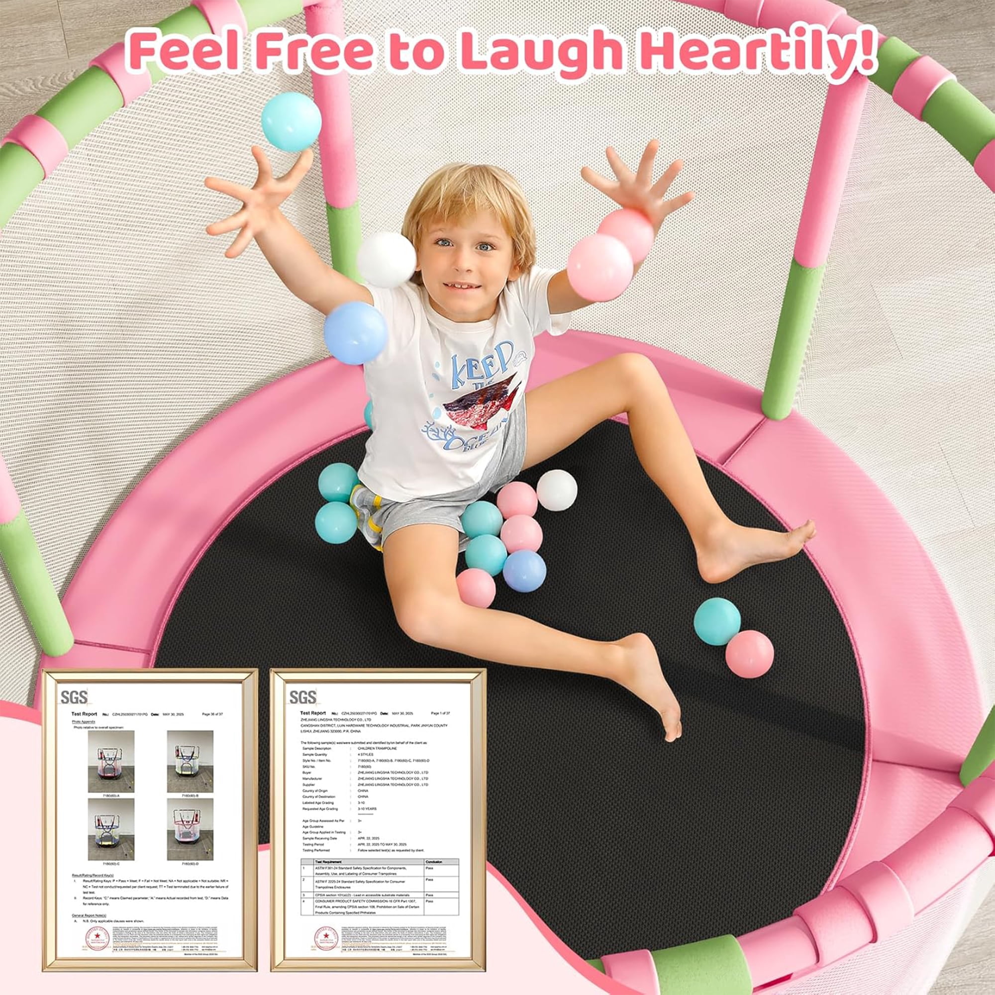 Toremore 55" Trampoline for Kids with Enclosure, 6-in-1 Kid Trampoline Indoor & Outdoor, Toddle Trampoline with Adjustable Gymnastics Bars, Pink