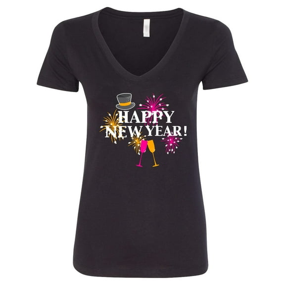 Inktastic Happy New Year with Hat Fireworks and Wine Glasses Women's V-Neck T-Shirt