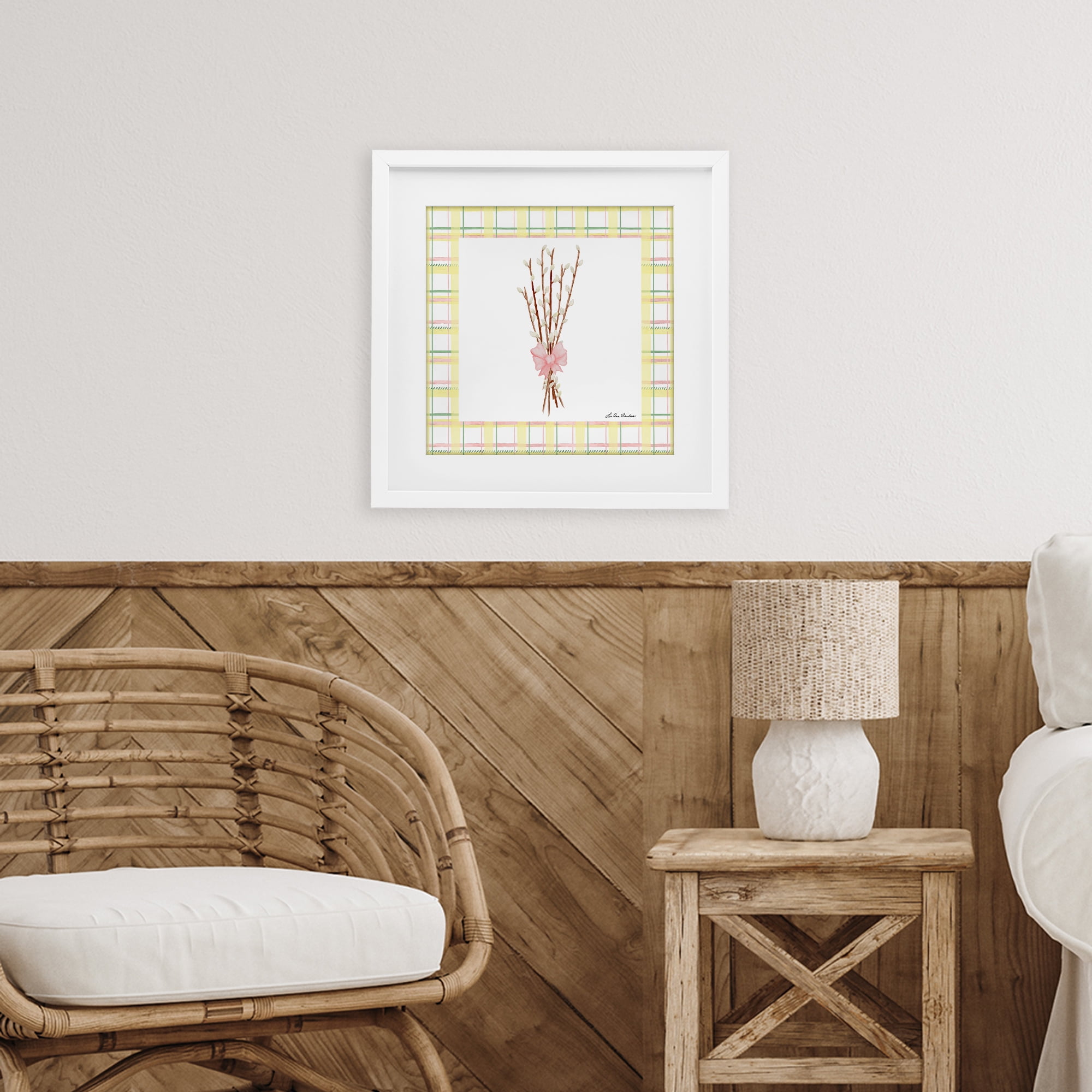 Pastel Spring Pussy Willow White Framed Print Under Glass, design by Lee Ann Sanders