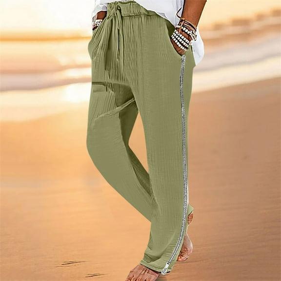 cllios Cotton Linen Pants for Men Lightweight Solid Color Elastic Waist Drawstring Wide Leg Pants Casual Baggy Comfy Lounge Side Zipper Trousers with Pockets Green XL