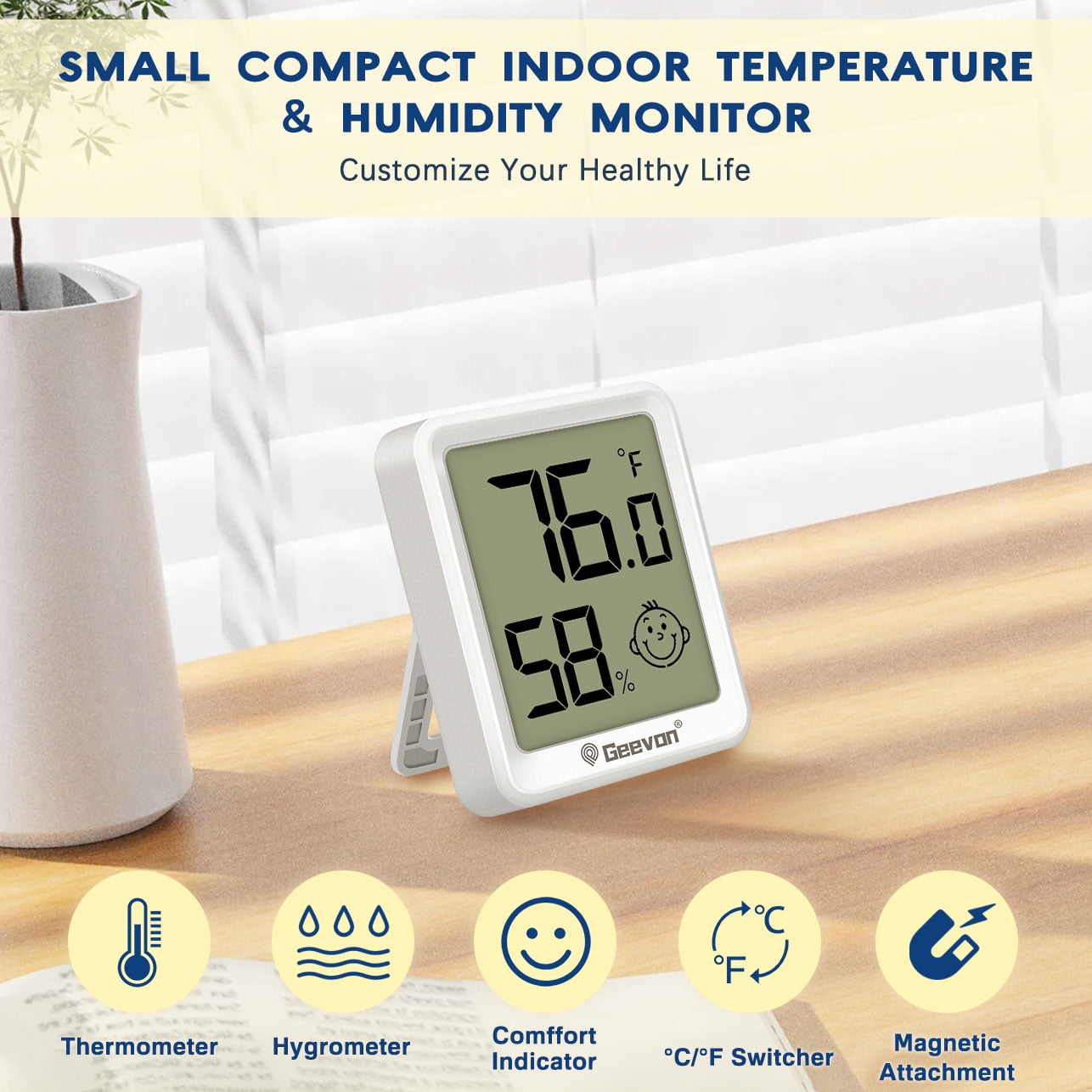 Geevon 4 Pack Digital Hygrometer Indoor Thermohygrometer, Room Thermometer Humidity Meter for Home, Bedroom, Baby Room, Office, Greenhouse, Cellar (White)