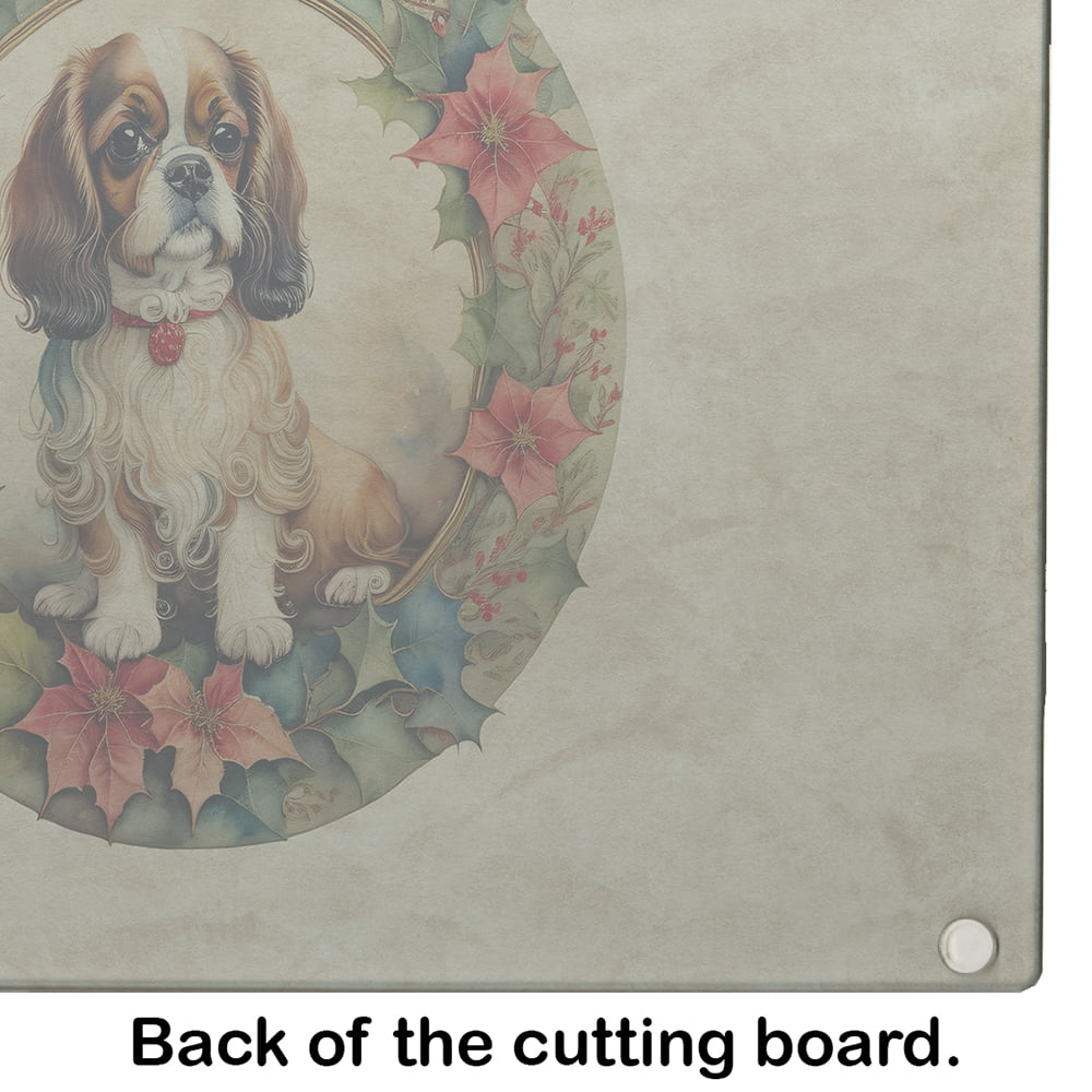 English Toy Spaniel Christmas Flowers Glass Cutting Board 12 in x 15 in