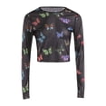 thumbnail image 2 of Arvbitana Women See-Through Blouse Butterfly Print O-Neck Sheer Long Sleeves Crop Top Summer Tight-Fitting Sexy Mesh Streetwear, 2 of 7
