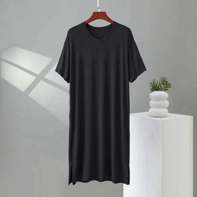 Men's Solid Color V-Neck Short Sleeve Nightgown Robe with Lace Trim and Belt for Home Wear