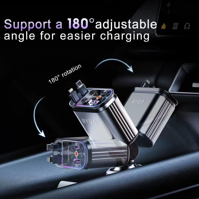 Fast Charger 4 in 1 Retractable Car Charger 69W,USB-C Fast Car Accessories,Compatible with All iPhones All Android Phones (Grey, Lightning+USB-C & No Strarry)