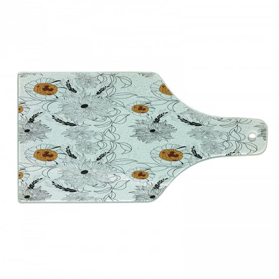 Floral Cutting Board, Simplistic Flower Petals Nature Beauty Florets Growth Illustration, Decorative Tempered Glass Cutting and Serving Board, Wine Bottle Shape, Pale Blue Orange, by Ambesonne