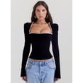 thumbnail image 2 of Square Collar Backless Bandage Sexy T-shirt Women Autumn Winter New Black Shoulder Pad Sleeve Skinny Sexy Party Tops, 2 of 6