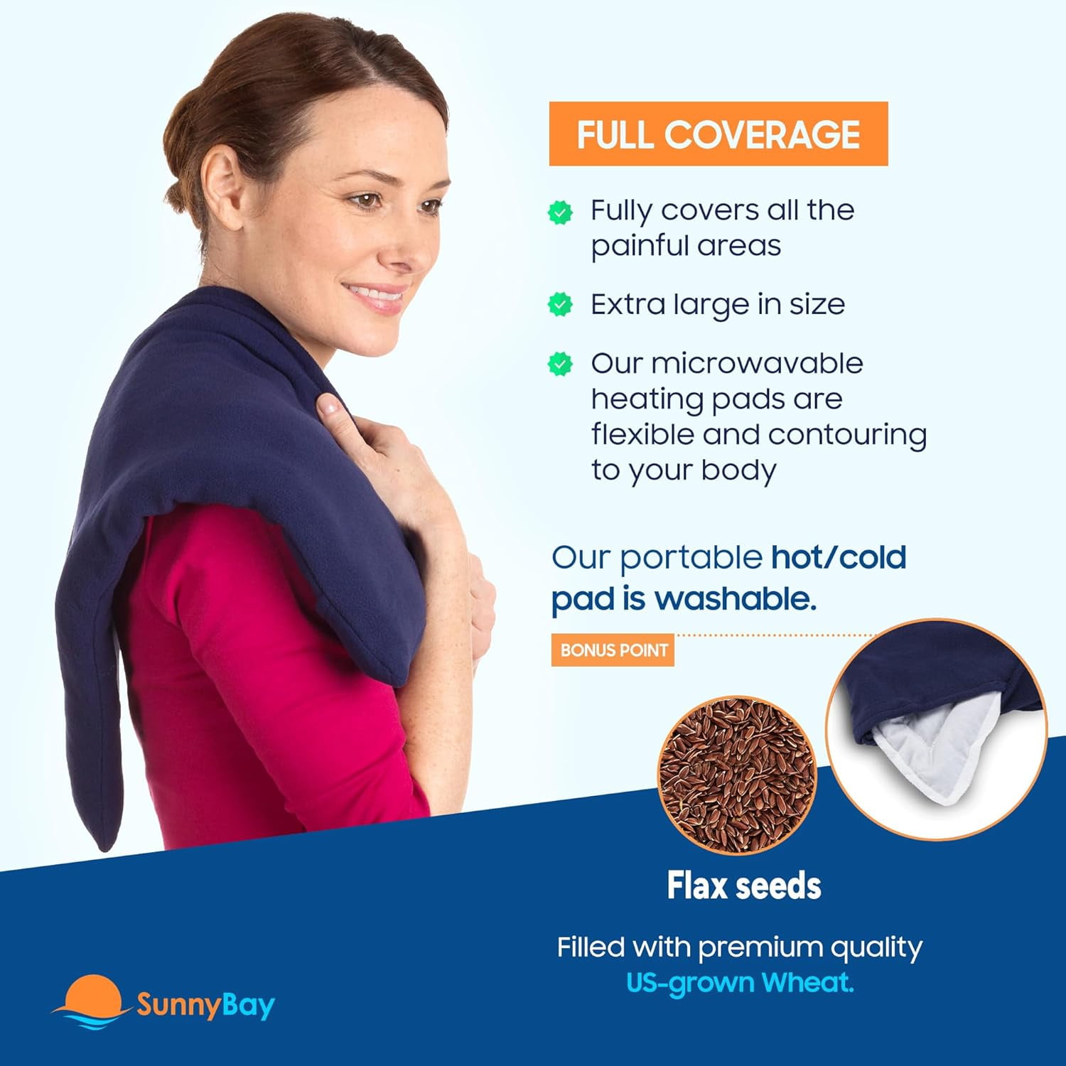 SunnyBay Extra Large Microwave Heating Pad 10x24 Inches - Moist Heating Pad for Pain Relief - Wheat Filling and Washable Fleece Cover, Blue