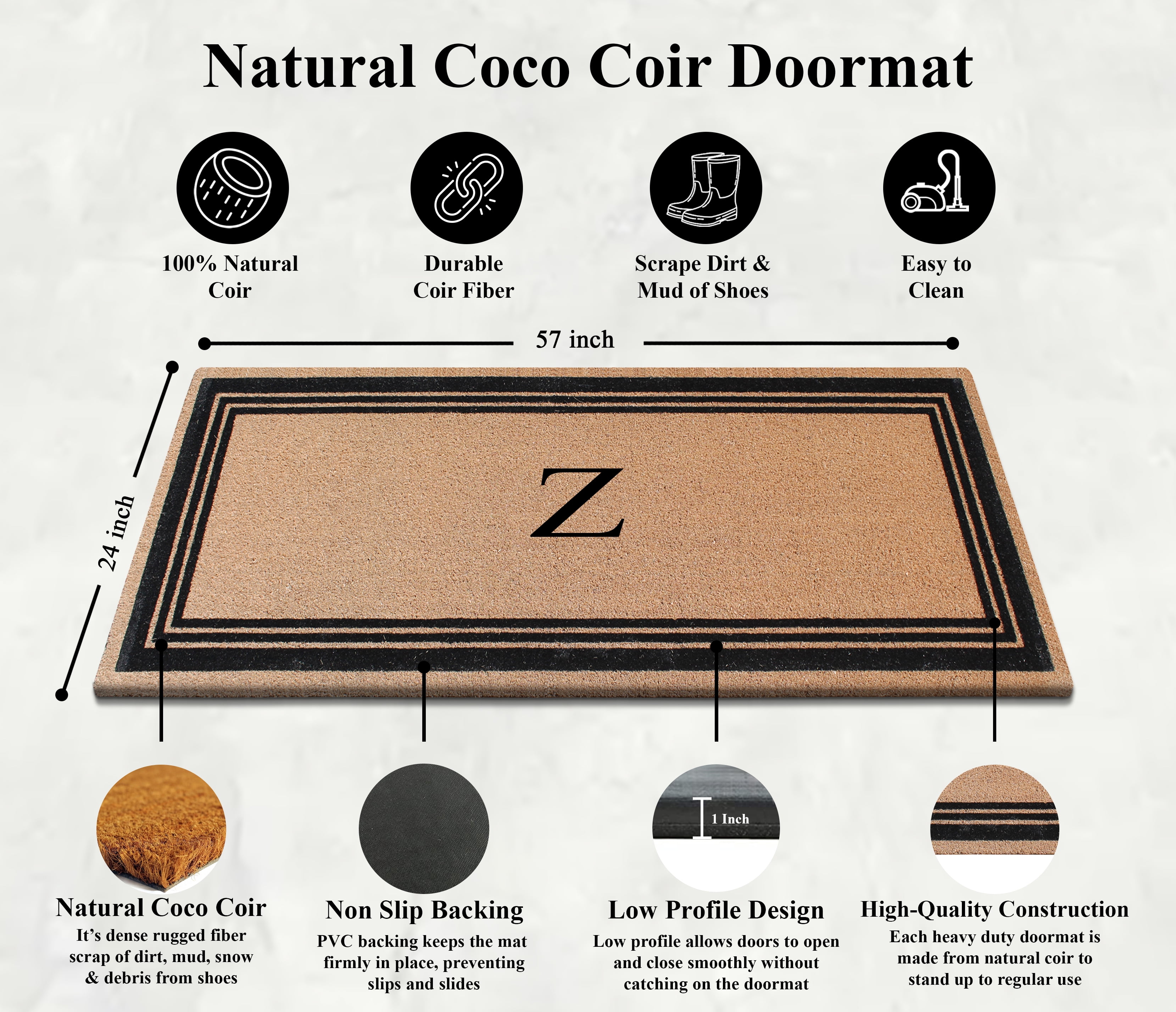 A1HC Natural Coir Flock Monogrammed Door Mat for Front Door, 24x57, Anti-Shed Treated Durable Doormat Outdoor Entrance, Heavy Duty, Thin Profile, Easy to Clean, Long Lasting, Front Door Entry Doormat