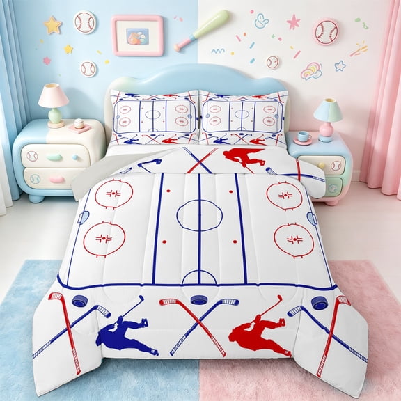 jejeloiu Ice Hockey Bedding Comforter Set,Sport Theme Twin Comforter Sets,White Blue Red Bedding Set For Boys Kids,Breathable Home Decor Reversible,2-Piece