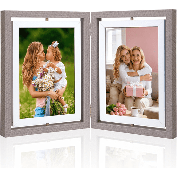 YUANSONG 5x7 Rotating Picture Frame Desktop Foldable Double Sided Display, 4 Photo Collage Frame for Office Home Table, Mother's Day Gifts for Grandma Mom from Daughter Son (Gray Wood Grain)