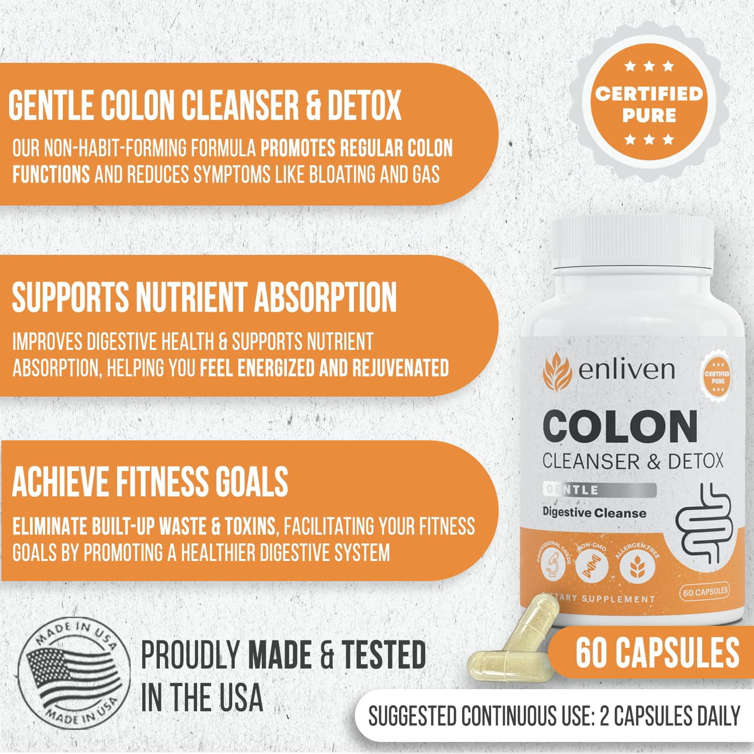 Enliven Gentle Colon Cleanse | Detox & Weight Loss Support | Gut Health | 60 Capsules