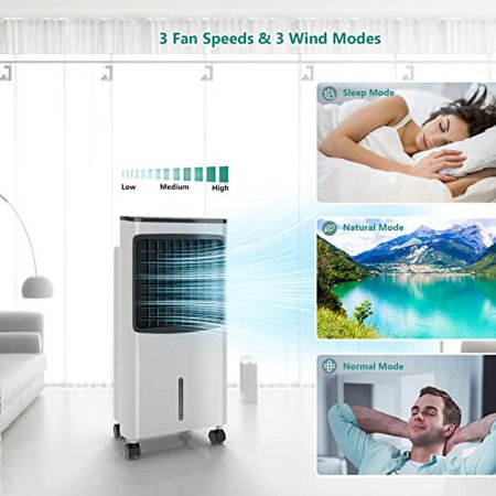 GOFLAME Evaporative Air Cooler Portable, 4-in-1 Air Cooling Fan with Remote Control, 3 Wind Speeds, 7.5H Timer, 2 Ice Packs, 8L Large Water Tank, 120° Oscillation Swamp Cooler for Home Office
