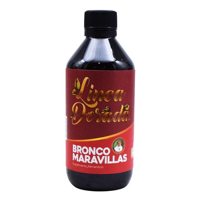 tonico bronco maravillas 250 ml-shaya michan botella frontal de 250 ml con etiqueta roja y dorada 'Linea Dorada' y texto prominente 'Bronco Maravillas', tapa negra, suplemento alimenticio; etiqueta indica 'Auxiliar en el control de la tos seca', agítese antes de usarse y no se administre a menores de 15 años; a menudo se usa como jarabe herbolario de uso tradicional.