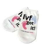 IVF Socks, Lucky Transfer Socks - "I'VF Got It" socks for IVF with Pink and Blue Baby Footprints, Womens Medium No Show White