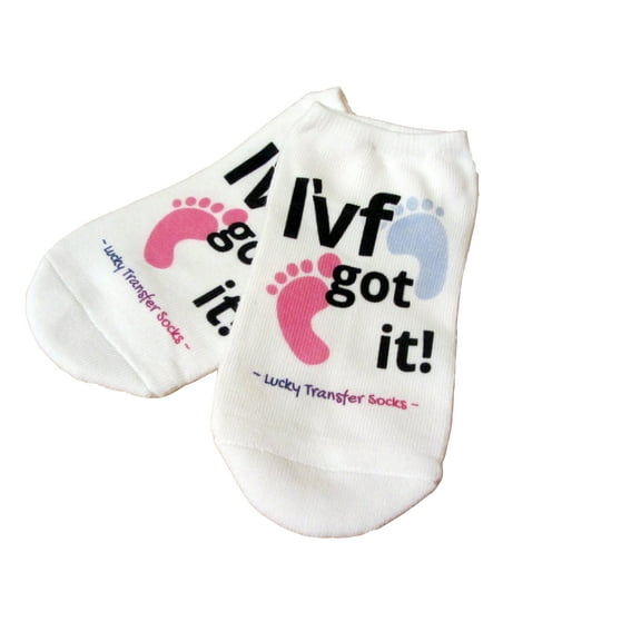 IVF Socks, Lucky Transfer Socks - "I'VF Got It" socks for IVF with Pink and Blue Baby Footprints, Womens Medium No Show White