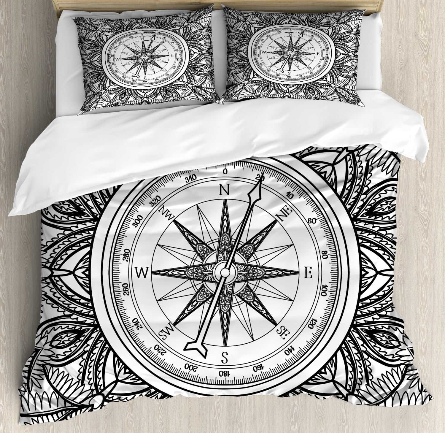 Nautical King Size Duvet Cover Set, Wind Rose Surrounded by Ornate