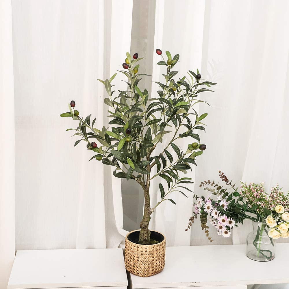 Artificial Olive Tree Plants 32 Inch Fake Olive Branch Leaves Topiary Silk Tree Faux Plant Decor