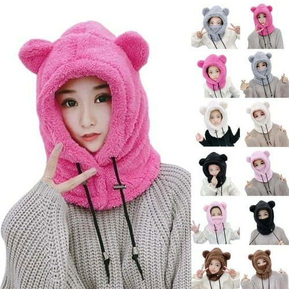 Zhaomeidaxi Women Hat Solid Color Ear Autumn Winter Windproof Dome Cap,Fleece Windproof Ski Mask Face Mask Tactical Hood Neck Warmer for Riding