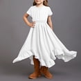 thumbnail image 2 of VNKIDY Girls Kids Solid Color Short Sleeve Crewneck Maxi Dress Elastic Waist Ruffled Hem Flowy Casual Dress For Daily Party Wear Cute Dress, 2 of 4