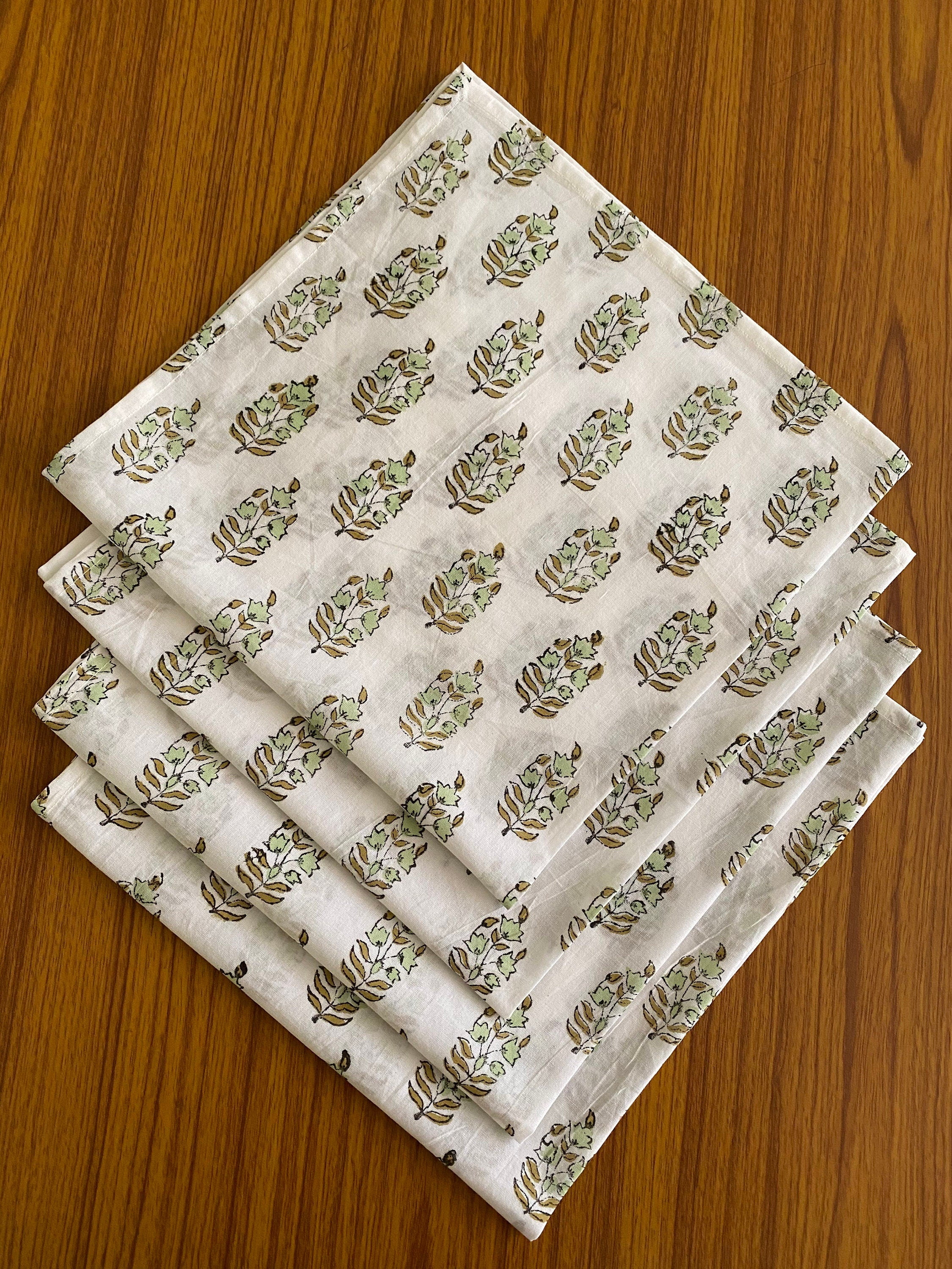 Mint, Olive Green on White Indian Hand Block Floral Printed 100 Pure