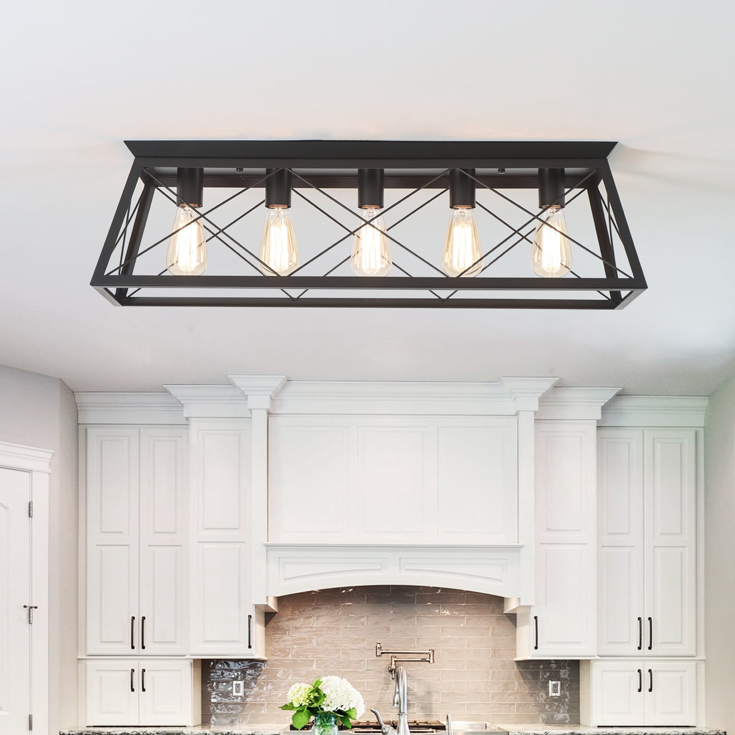 31.5 in. 5-Lights Black Farmhouse Rectangle Flush Mount Ceiling Light for Living Room Kitchen Island