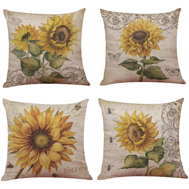 Juego de 4 fundas de cojín decorativas navideñas de 18.0 x 18.0 in, cuadradas, de lino y algodón, para sofá, sofá, cama y coche (girasol) JAMW Sencillez