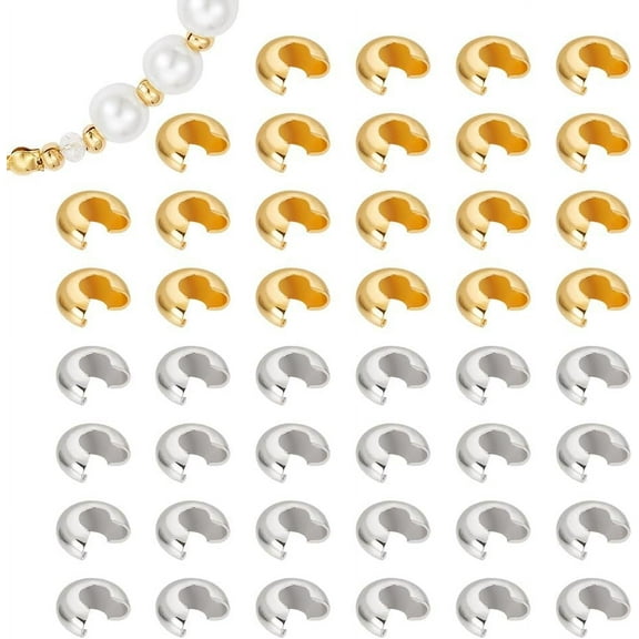 100Pcs 2 Colors 304 Stainless Steel Crimp Beads Covers Metal Half Rondelle Open Spacer Beads Small Smooth Loose Round Beads s Golden Crimping Beads