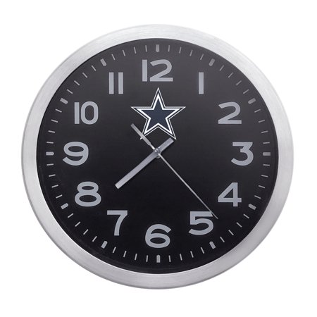 Wall Clock Home Decor or for a Patio/RV/Game Room 10 Round Silver Edge with a Black Face Featuring Your Choice of a Football Team Logo Vinyl Decal - FREE Battery Included (Cowboys)