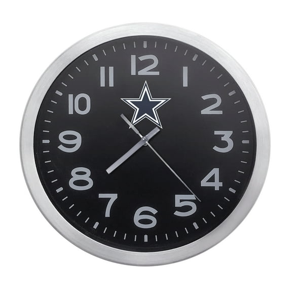 Wall Clock Home Decor or for a Patio/RV/Game Room 10" Round Silver Edge with a Black Face Featuring Your Choice of a Football Team Logo Vinyl Decal - FREE Battery Included (Cowboys)