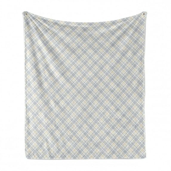 Classical Soft Flannel Fleece Throw Blanket, Plaid Check Simplistic in Pastel Tones Rhythmic Illustration, Cozy Plush for Indoor and Outdoor Use, 50" x 70", Pale Purpleblue Beige, by Ambesonne