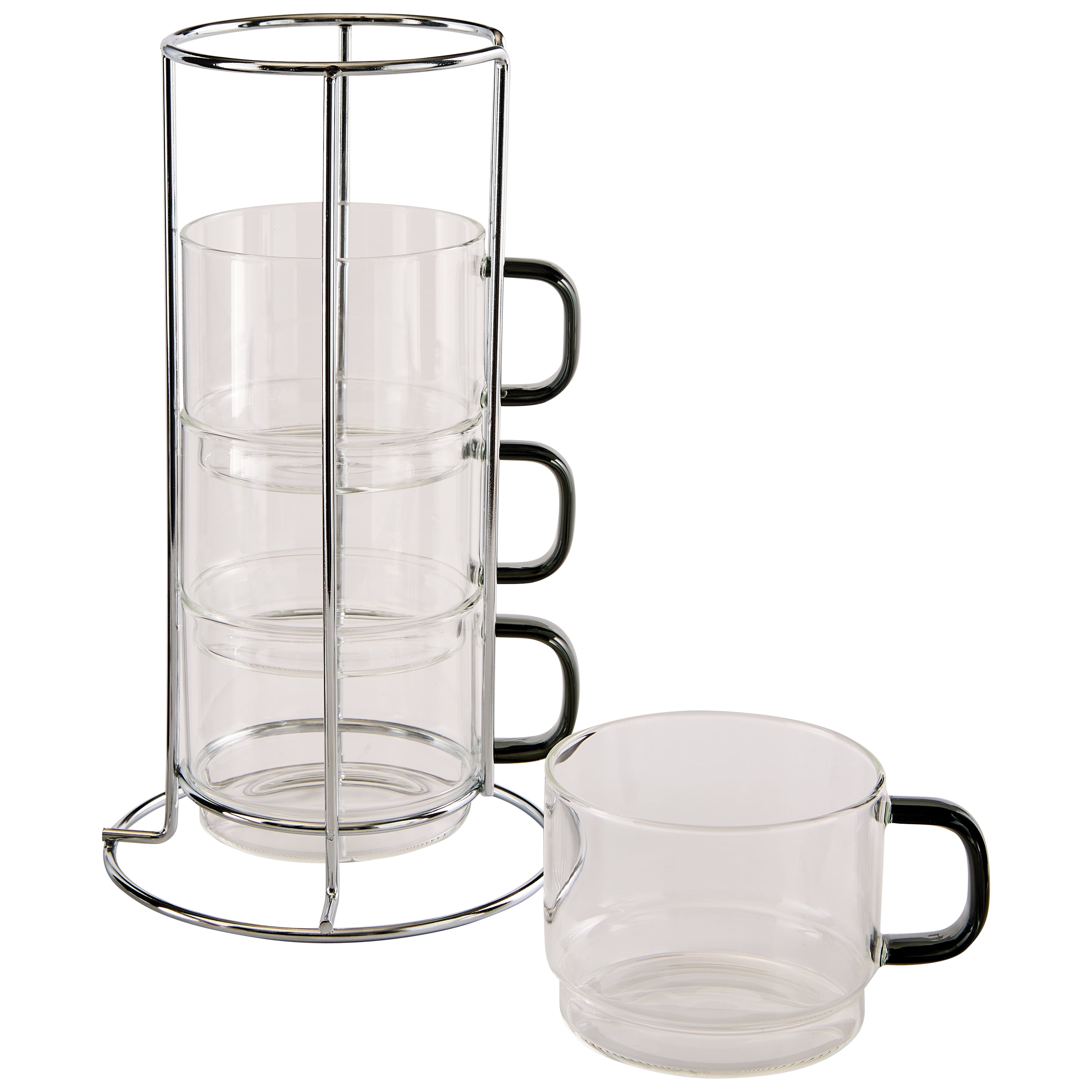 HomeTrends 4 pc stackable Glass mugs with silver metal stand