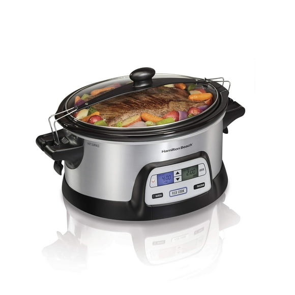 Hamilton Beach 33861 Olla de cocción lenta programable portátil, apta para lavaplatos, 6 cuartos de galón, temporizador digital dual FlexCook / 2 ajustes de calor, bloqueo de tapa para un fácil viaje,